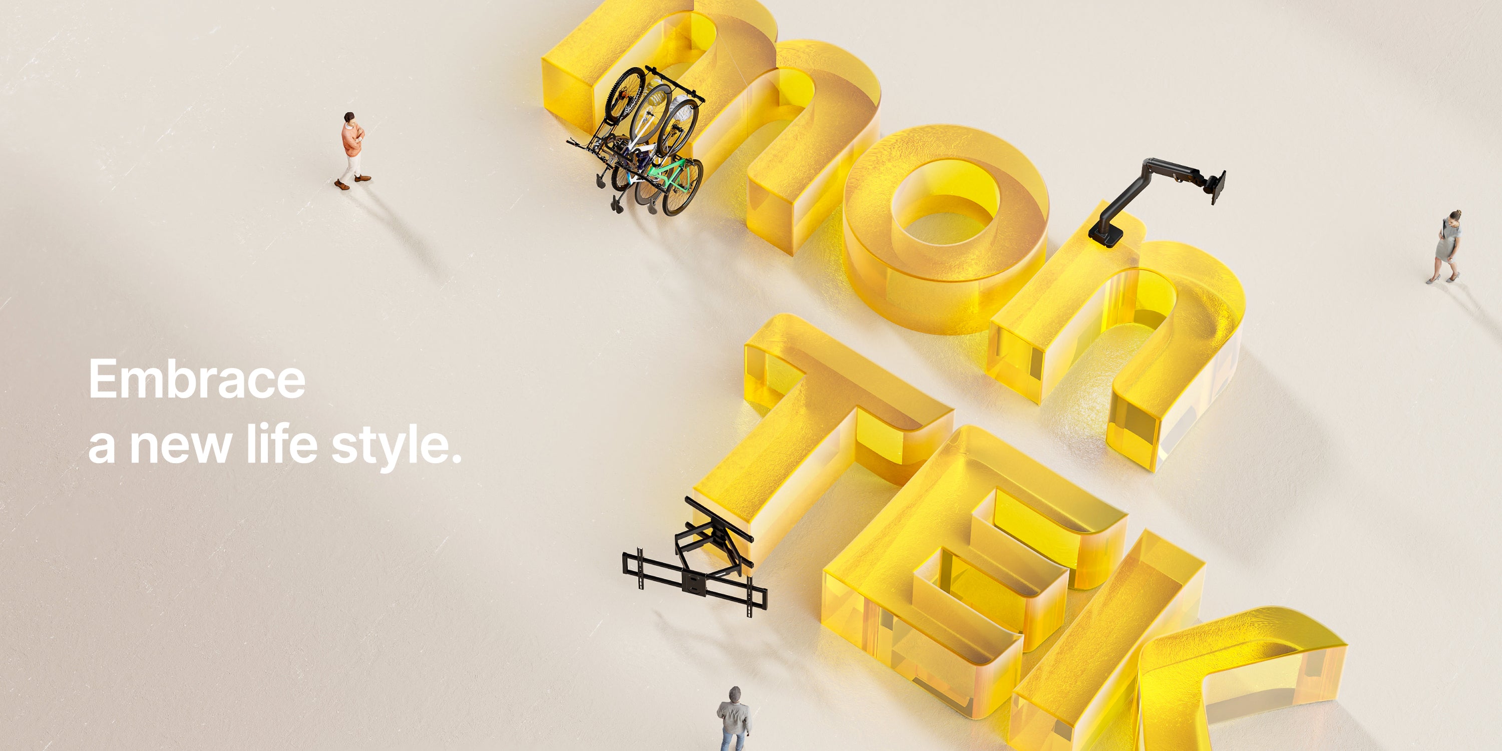 monTEK logo with mounted bikes, monitor arm, and TV wall bracket surrounded by miniature people and the text 'Embrace a new life style.