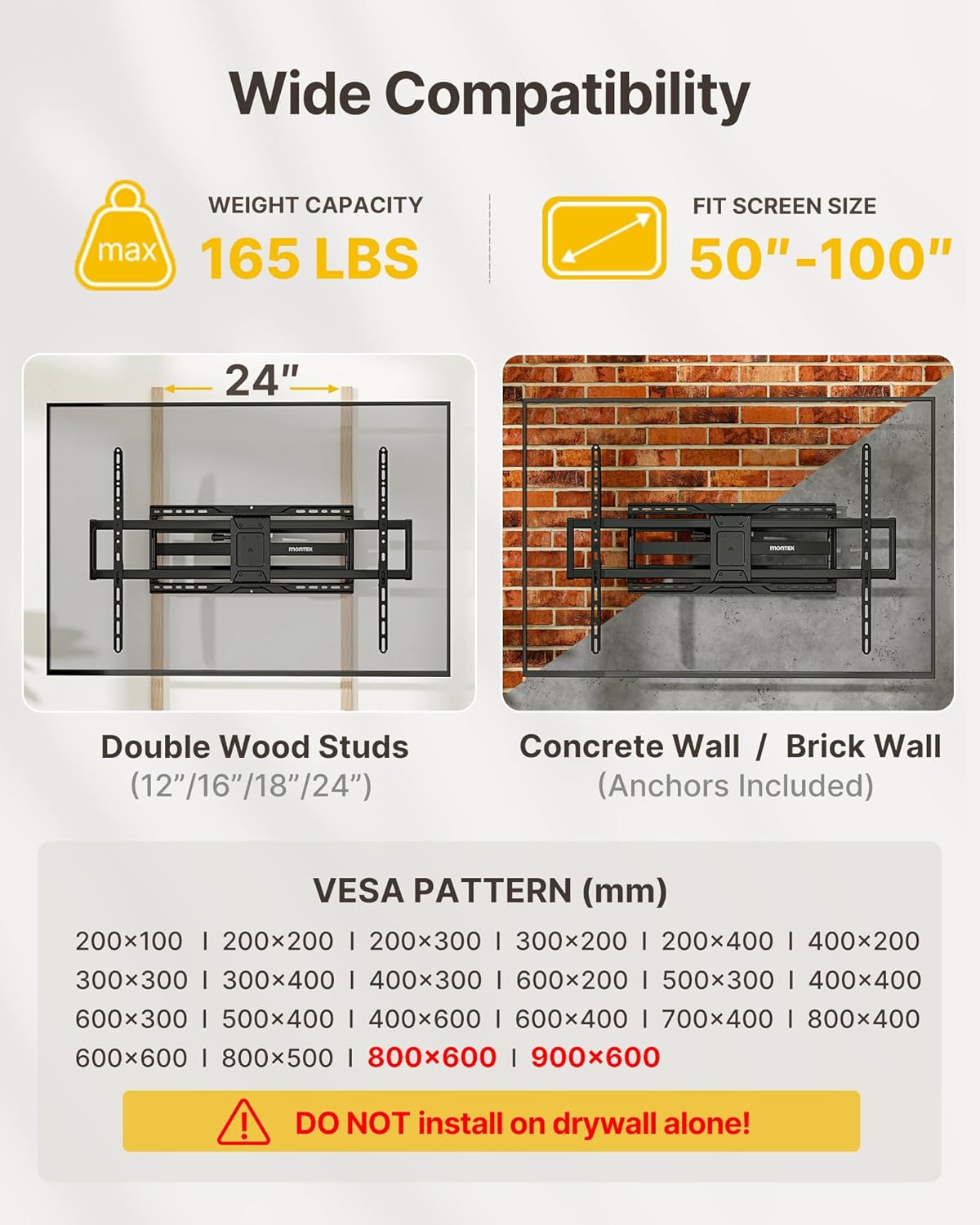 monTEK Heavy Duty TV Wall Mount for 50-100 Inch TVs up to 165 lbs, 4X Load Tested, Dual Arms Full Motion Bracket with Tool-Free Tilt, Swivel & Extend, Max VESA 900x600mm, Fits 12"/16"/18"/24" Studs