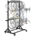 monTEK Freestanding Bike Storage Rack for 5 Bikes, Heavy Duty 350LBS Vertical Bike Stand with 5 Bike Hooks & 6 Helmet Hooks, Indoor and Outdoor Bike Storage Rack with Locking Casters
