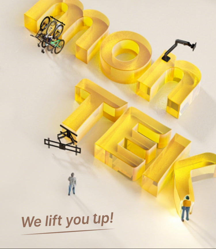 monTEK logo with mounted bikes, monitor arm, and TV wall bracket surrounded by miniature people and the text 'Embrace a new life style.