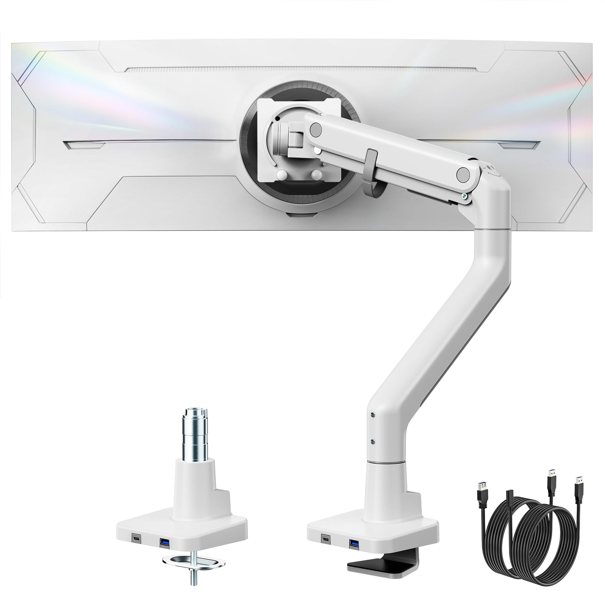 monTEK Single Monitor Arm with USB A/C, Ultrawide Monitor Stand for 17 to 57 Inch Curved Screen, Holds 59.4 lbs, Adjustable Gas Spring Arm, 75/100 VESA Mount, Clamp & Grommet Desk Mount, Black
