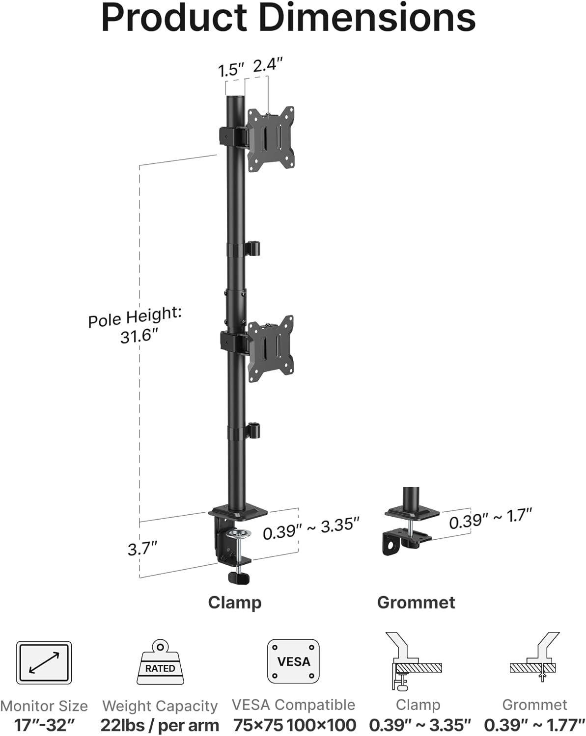 monTEK Stable Vertical Dual Monitor Mount, Stacked Desk Stand for Two 17-32 inch Screens, Full Motion Arm with Tilt, Swivel, Rotation, Supports 22 lbs per Side, C-Clamp/Grommet Base, VESA 100×100mm