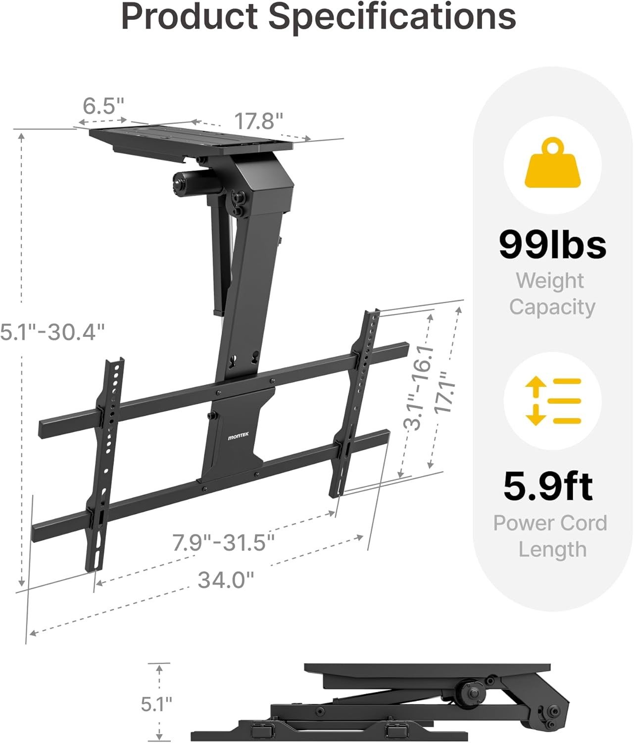 monTEK Motorized Ceiling TV Mount with Remote for 43-86 Inch TVs, Electric TV Mount Motorized Drop Down for Flat and Pitched Roof,Holds up to 99 lbs, 4X Load Tested, App and Voice Control