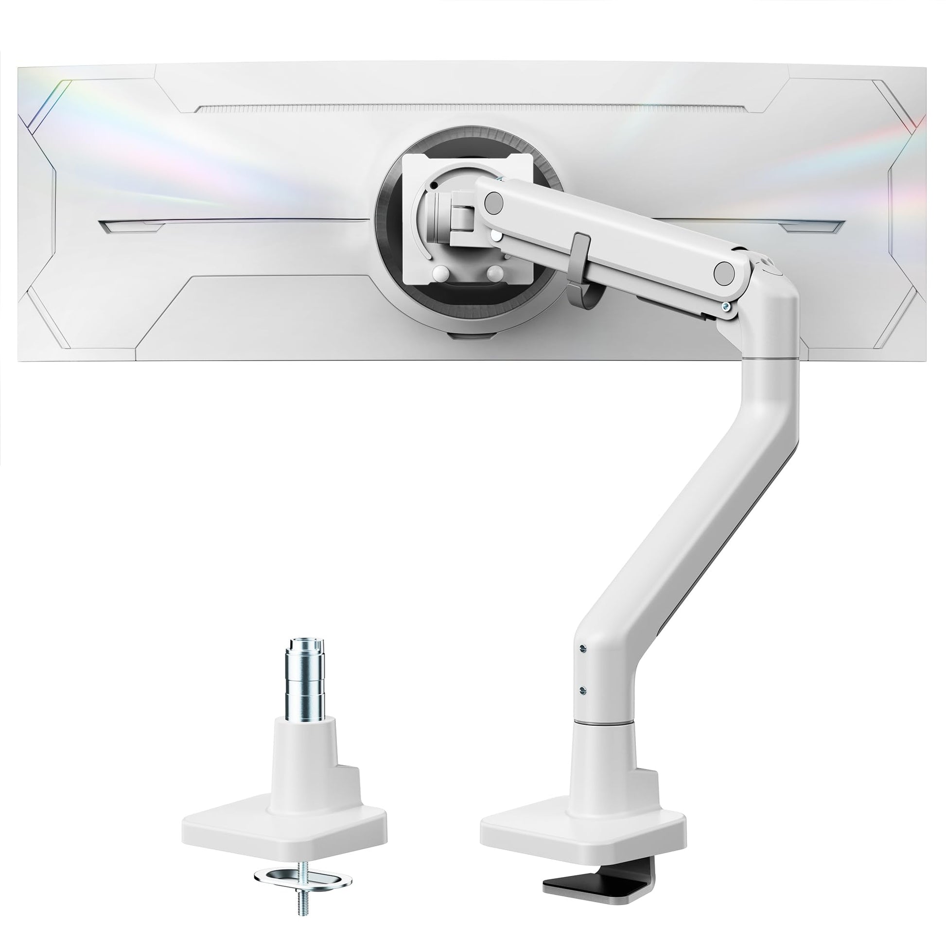 monTEK Single Monitor Arm with USB A/C, Ultrawide Monitor Stand for 17 to 57 Inch Curved Screen, Holds 59.4 lbs, Adjustable Gas Spring Arm, 75/100 VESA Mount, Clamp & Grommet Desk Mount, White
