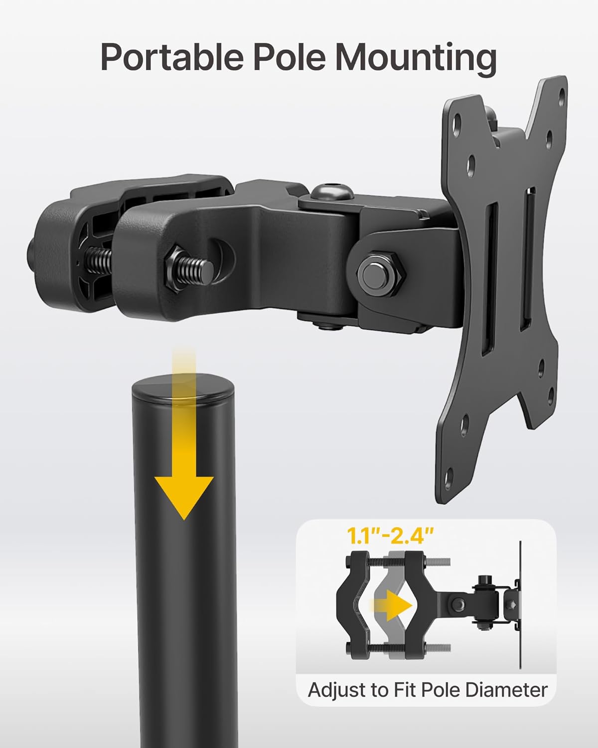 monTEK Universal Pole Mount Bracket for 17”-32” Screens, Holds to 17.6 lbs, Full Motion Adjustable Monitor Mount, 75x75/100x100 VESA Mounting Plate, Fits 1.1”-2.4” Pole Diameter, Black
