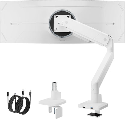 monTEK Single Monitor Arm with USB for Max 45 Inch Ultrawide Screens Adjustable Monitor Desk Mount Holds 35 Lbs Cable Management with C Clamp/Grommet Desk Mount, VESA 75/100mm, MA1007UCWH