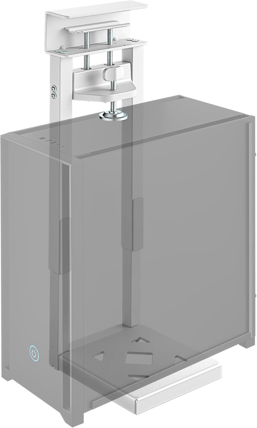 monTEK No Drill Under Desk PC Mount, Clamp-On Heavy Duty CPU Holder with Ventilated Cooling Design for Standing Desk & Home Office, Fits Most PC Cases 16.1"-25.6" (H), 66 lbs, White