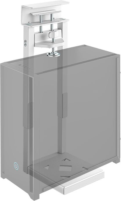 monTEK No Drill Under Desk PC Mount, Clamp-On Heavy Duty CPU Holder with Ventilated Cooling Design for Standing Desk & Home Office, Fits Most PC Cases 16.1"-25.6" (H), 66 lbs, White