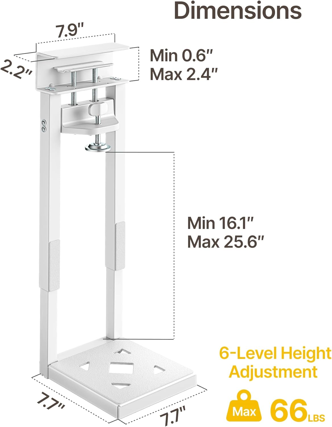 monTEK No Drill Under Desk PC Mount, Clamp-On Heavy Duty CPU Holder with Ventilated Cooling Design for Standing Desk & Home Office, Fits Most PC Cases 16.1"-25.6" (H), 66 lbs, White