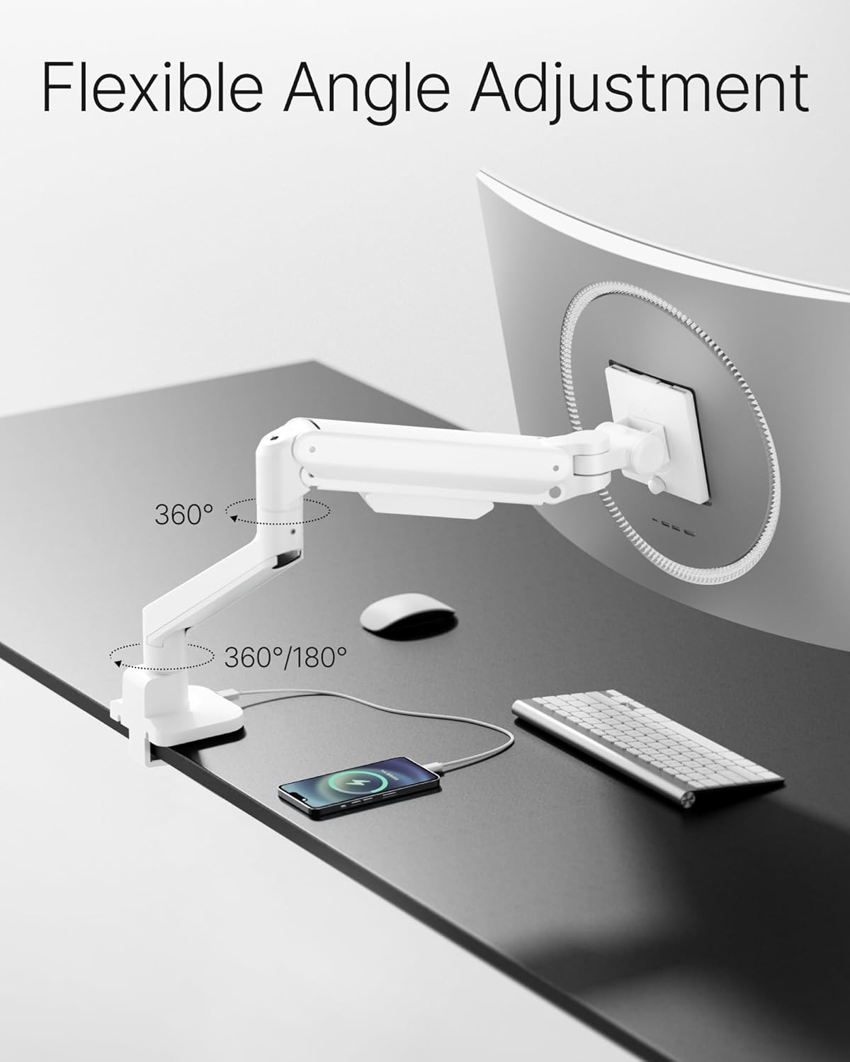 monTEK Deluxe Aluminum Monitor Arm with USB A/C for 17 to 40 Inch Curved Screens Fully Adjustable Single Monitor Arm with Clamp/Grommet, Quick Release Plate, Cable Management, VESA 75/100