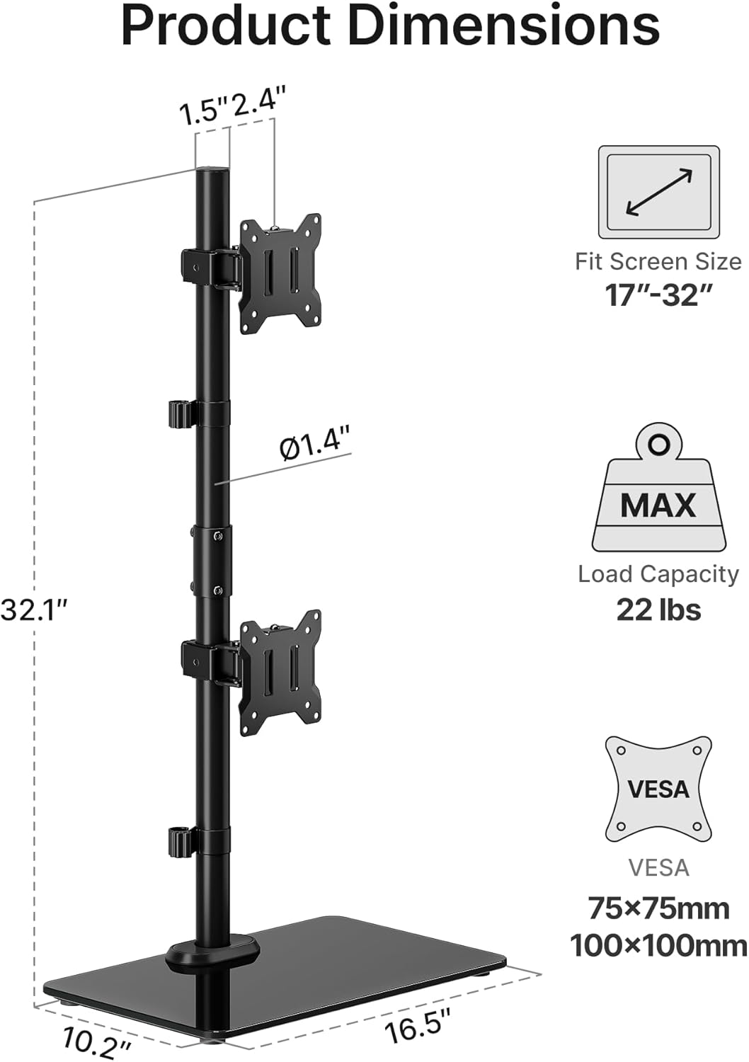 monTEK Vertical Dual Monitor Stand with Sleek Glass Base for 17-32 inch Screens, Free-Standing Dual Monitor Mount Holds 22 lbs per Arm, Fully Motion Height Adjustable, VESA 75/100 MM