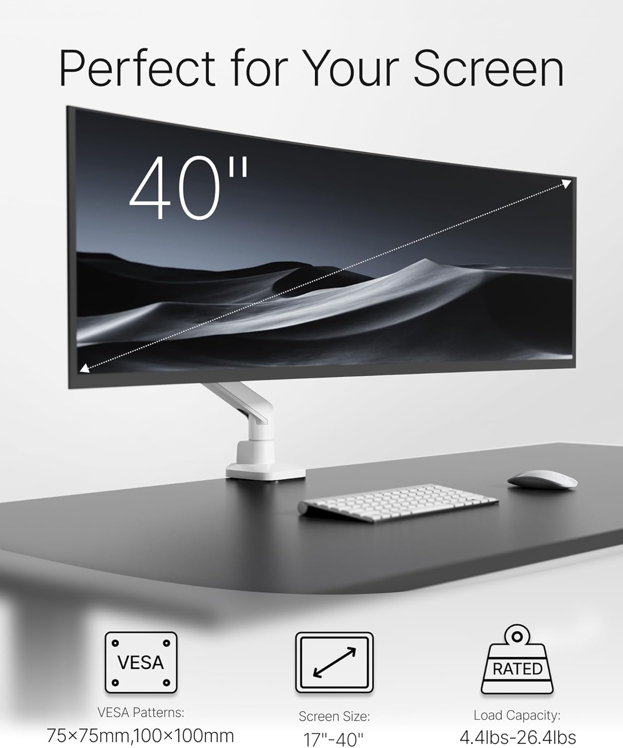 monTEK Deluxe Monitor Arm for 17 to 40 Inch Curved Screens with Cable Management Aluminum Fully Adjustable Single Monitor Arm with Clamp/Grommet, Quick Release Plate,75x75/100x100 VESA