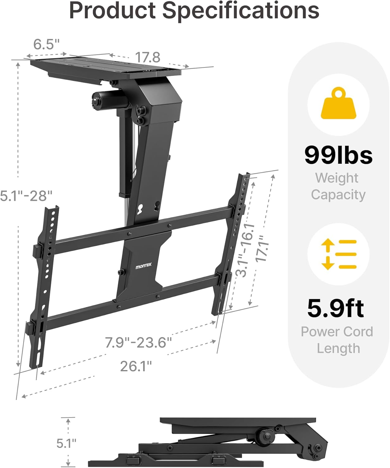 monTEK Motorized Ceiling TV Mount with Remote for 37-75 Inch TVs, Electric TV Mount Motorized Drop Down for Flat and Pitched Roof,Holds up to 99 lbs, 4X Load Tested, App and Voice Control