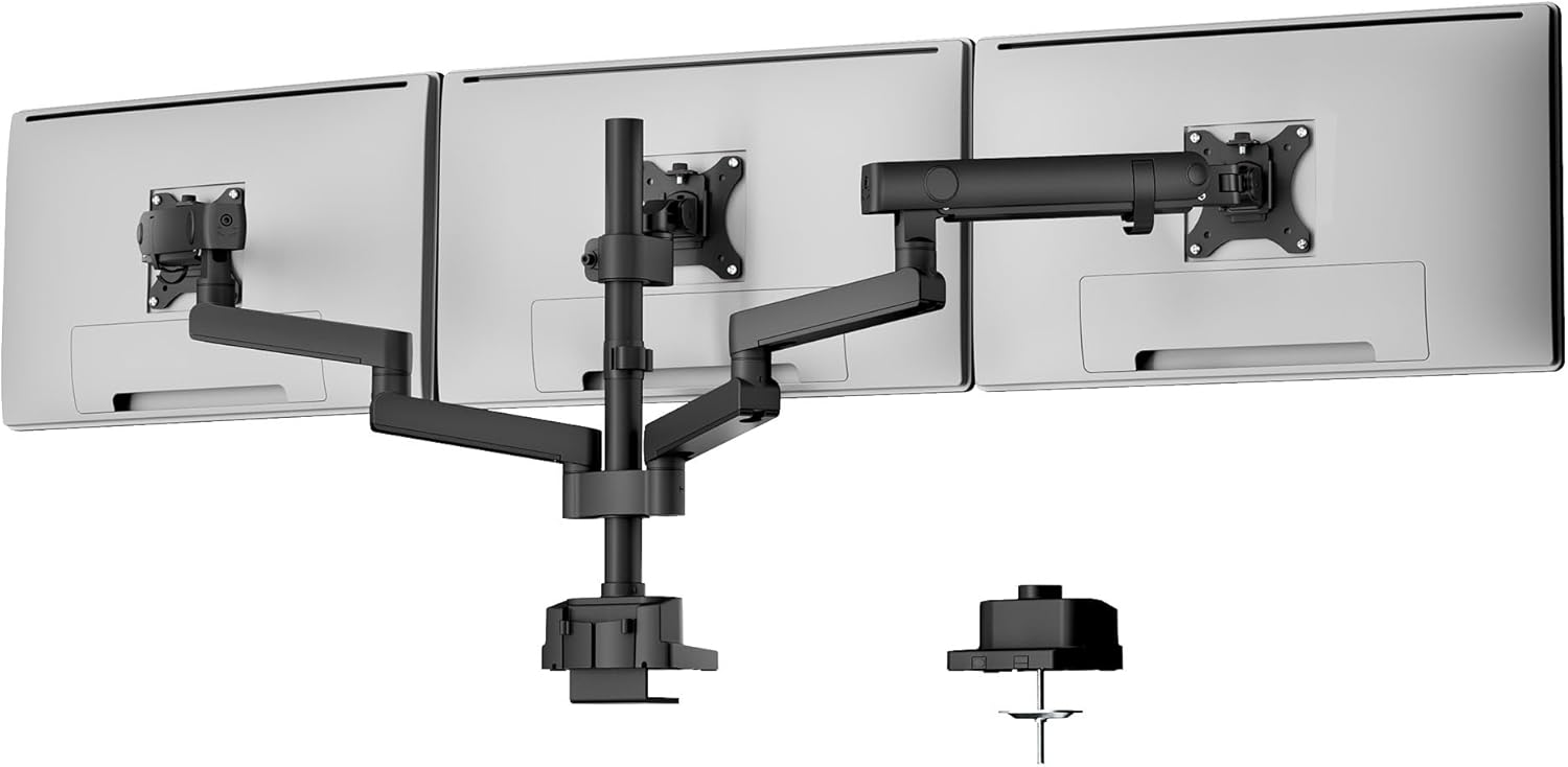 monTEK Triple Monitor Mount for Max 27 inch Computer Screens, 3 Monitor Desk Mount Each Arms Holds up to 19.8lbs, Three Monitors Desk Arm with Swivel, Tilt, Rotation, MA1009PBK-T
