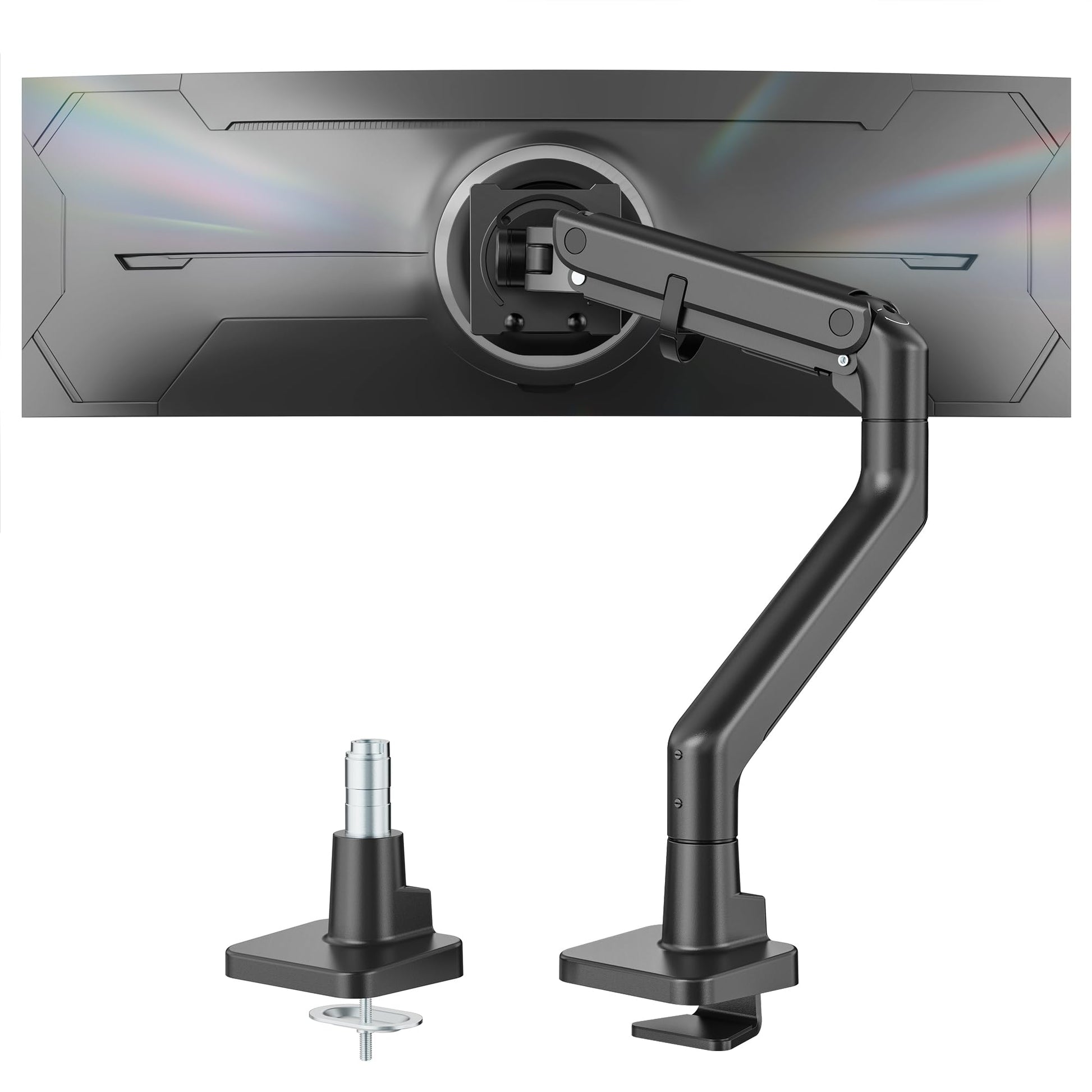 monTEK Single Monitor Arm with USB A/C, Ultrawide Monitor Stand for 17 to 57 Inch Curved Screen, Holds 59.4 lbs, Adjustable Gas Spring Arm, 75/100 VESA Mount, Clamp & Grommet Desk Mount, Black