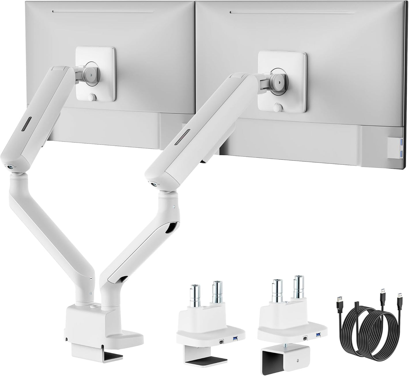 monTEK Dual Monitor Arm with USB, Mechanical Spring Monitor Arm for 17-35" Screens, Adjustable Monitor Desk Mount Each Holds up to 24.2 lbs with C Clamp/Grommet Desk Mount, VESA 75/100mm, MA1011UCWH-D