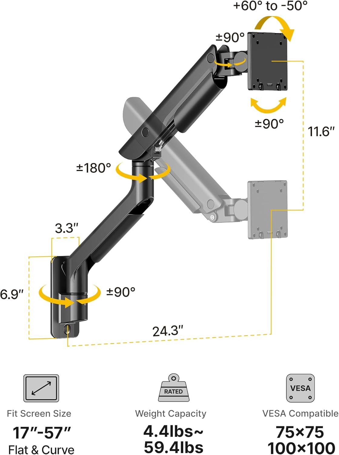 monTEK Heavy-Duty Single Monitor Wall Mount for 17-57” Ultrawide Screens up to 59.4lbs, Premium Aluminum Wall Mount Monitor Arm with Full Motion Adjustment, Pneumatic Lift, Max VESA 100x100