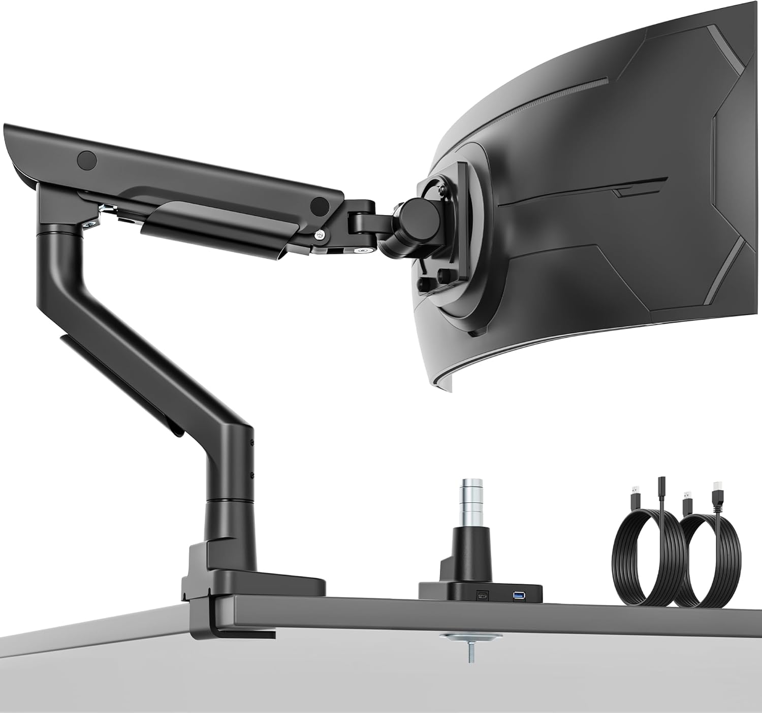 monTEK Premium Aluminum Monitor Arm for 17–57” Ultrawide Screens up to 59 lbs, USB 3.0 Single Desk Mount with Adjustable Gas Spring, Quick-Release Plate, 10-Min Assembly, Clamp/Grommet, VESA 100x100