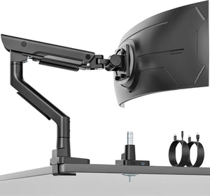 monTEK Premium Aluminum Monitor Arm for 17–57” Ultrawide Screens up to 59 lbs, USB 3.0 Single Desk Mount with Adjustable Gas Spring, Quick-Release Plate, 10-Min Assembly, Clamp/Grommet, VESA 100x100