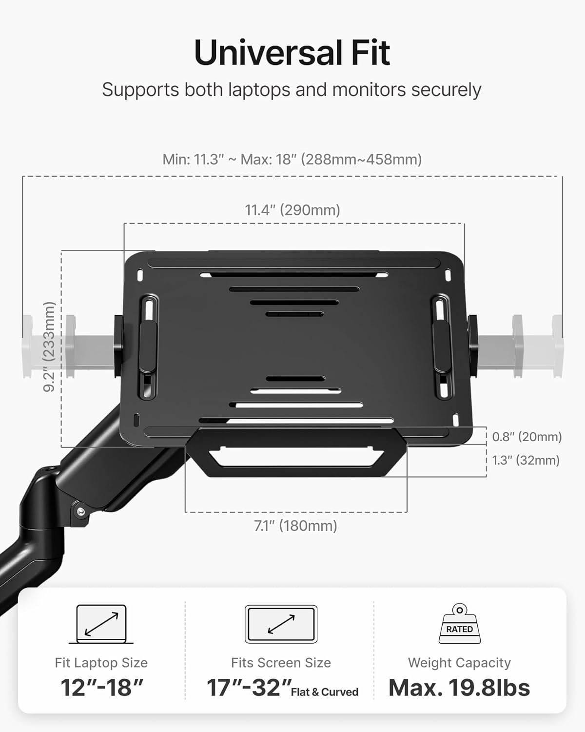 monTEK Laptop Arm Wall Mount, 2-in-1 Full Motion Monitor & Laptop Stand with Adjustable Tray, Fits Max 18" Notebook and 32" Screen, Metal Ergonomic Single Monitor Holds Up to 19.8lbs