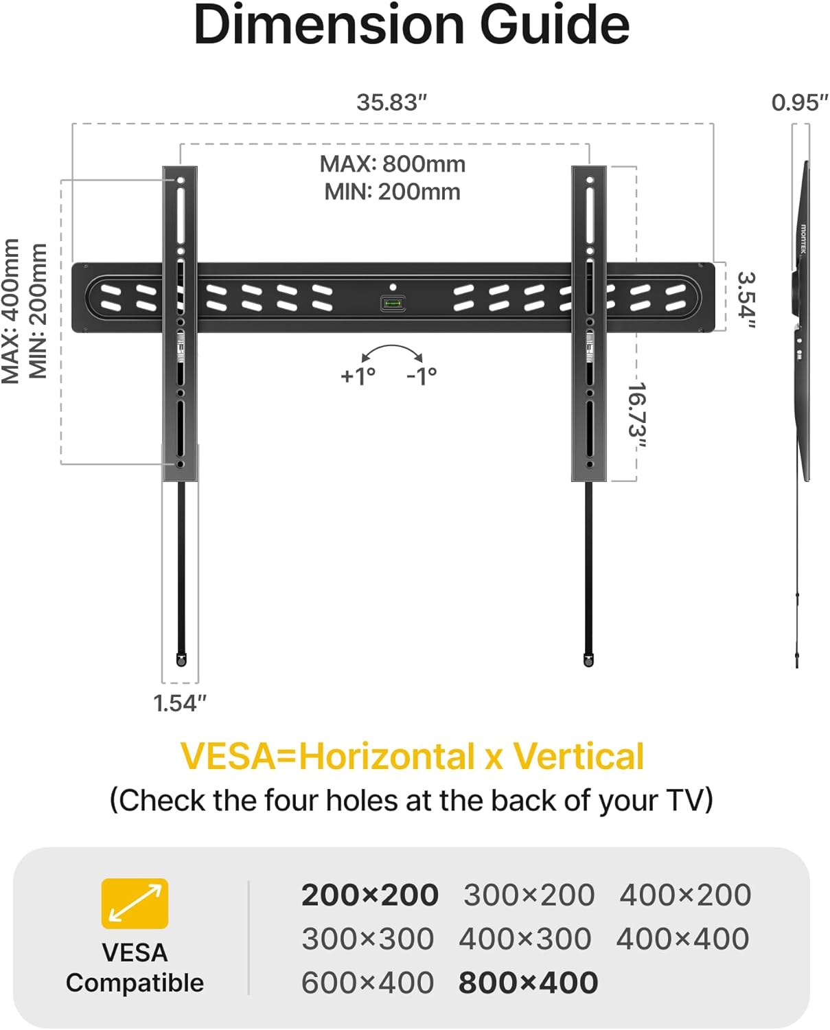 monTEK Ultra Slim Fixed TV Wall Mount Bracket for 43–95" Flat & Curved TVs, Super Low Profile 0.95" from Wall, Holds 150 lbs, Supports VESA 800x400, Fits 16"/18"/24"/32" Studs, TM1006W-LF