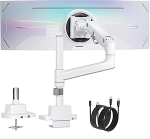 monTEK Heavy-Duty Single Monitor Arm for 17-57 inch, up to 59.4lbs Ultrawide Screens,Gas Spring Dual Curved Adjustable Monitor Stand for Desk,75/100mm VESA Mount with USB，White