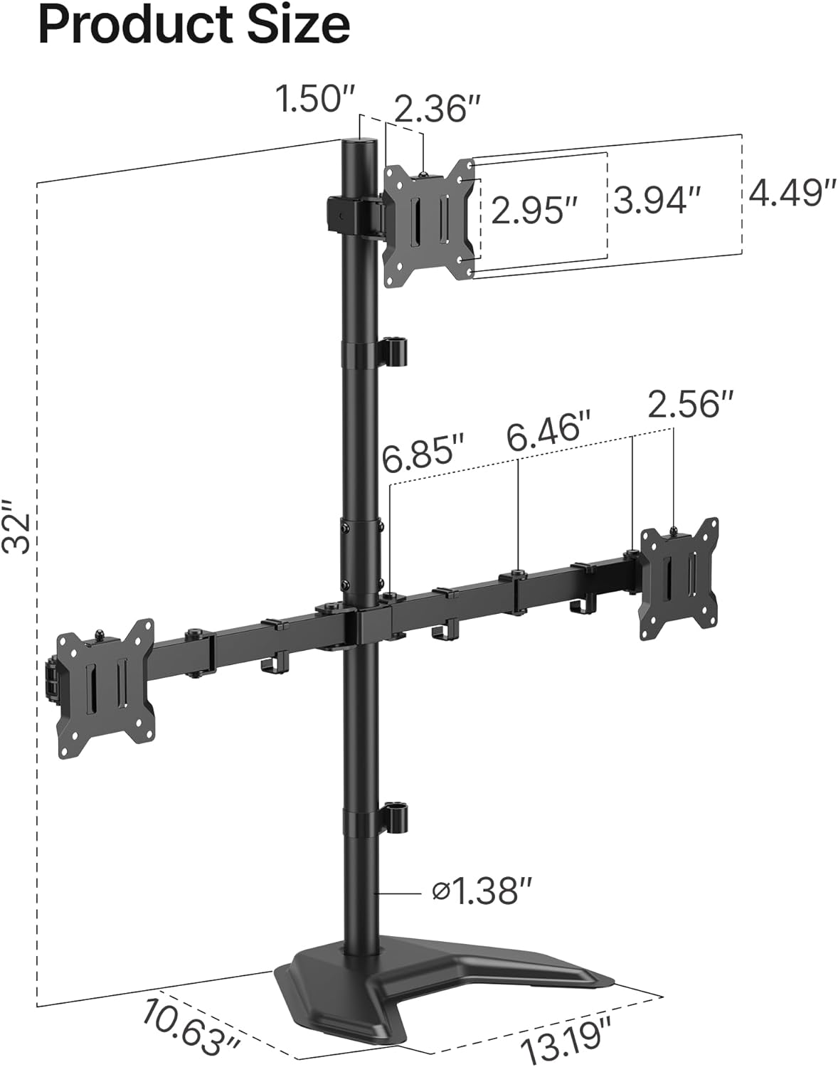 monTEK Stable Triple Monitor Stand, Free Standing Fully Adjustable Desk Mount for 3 Screen up to 17”-32” and 22lbs Capacity Each Arm, Heavy Duty Base, VESA 75x75mm/ 100x100mm