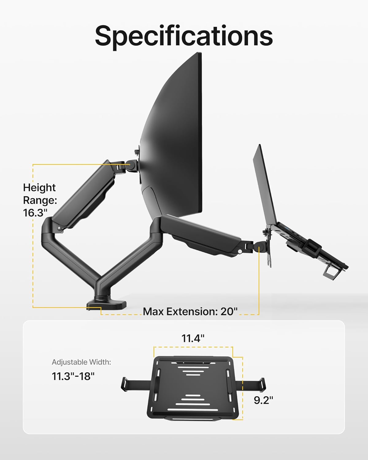 monTEK Laptop Arm Mount for Desk for Max 32” Screen and 18” Notebook, Dual Monitor Stand with Adjustable Laptop Holder, Holds up to 19.8 lbs, Full Motion Arm with Clamp/Grommet Base, 75/100 VESA Mount