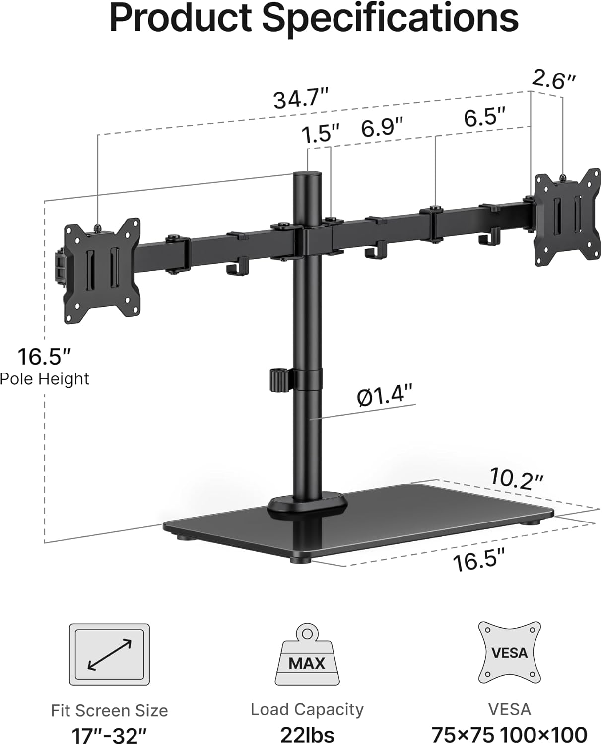 monTEK Freestanding Dual Monitor Stand with Sleek Glass Base for 17-32 inch Screens, Heavy-Duty Dual Monitor Mount Holds 22 lbs per Arm, Fully Motion Height Adjustable, VESA 75/100 MM