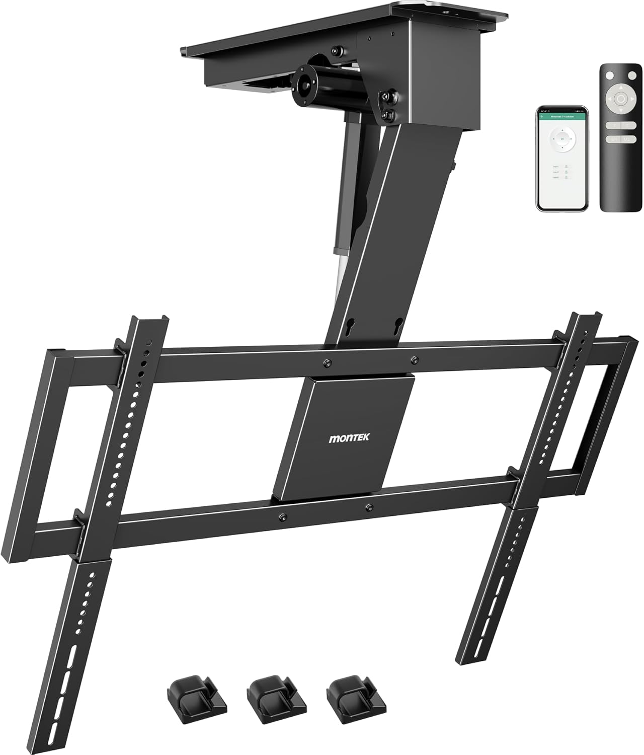 monTEK Motorized Ceiling TV Mount for 32-75 Inch TVs up to 121lbs, Heavy-Duty Electric Flip Down Ceiling Mount, Off-Center TV Compatible, Remote/App/Voice Control, Fits Flat & Pitched Roof