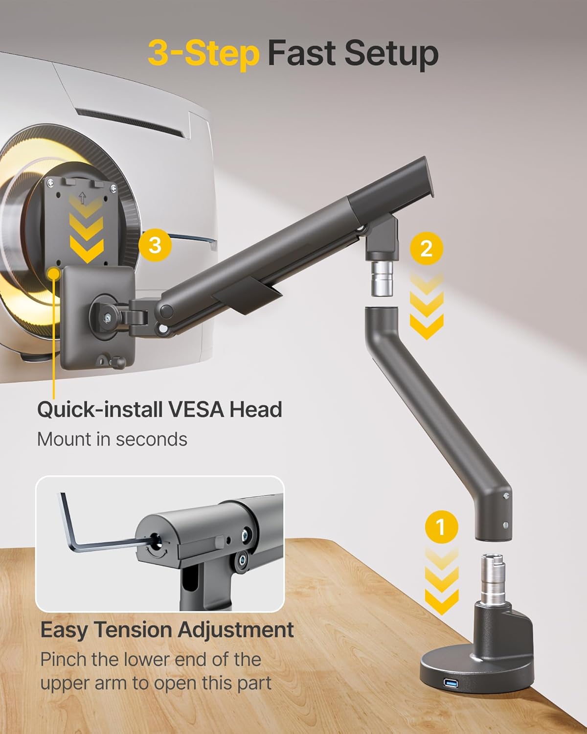 monTEK Single Monitor Arm with USB for 17-40 Inch Screens, Up to 24.3lbs, Heavy Duty Monitor Mount with VESA Mount, Full Motion Adjustment Monitor Stand C-Clamp/Grommet Base,VESA 75/100mm, MA1010UCDG