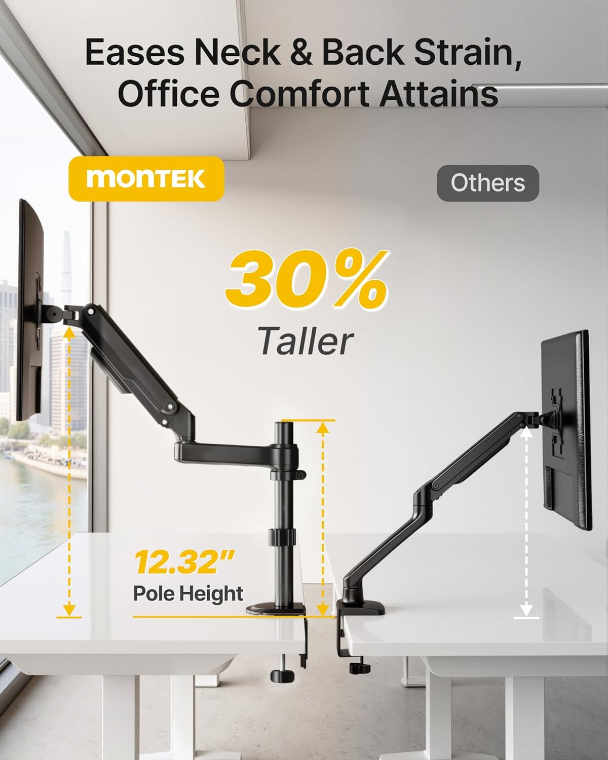 monTEK Tall Single Monitor Arm, Heavy Duty Adjustable Desk Mount for 17–32" Screens, Holds 19.8 lbs, 21 in Max Height, Full Motion Swivel & Tilt, VESA 75/100mm