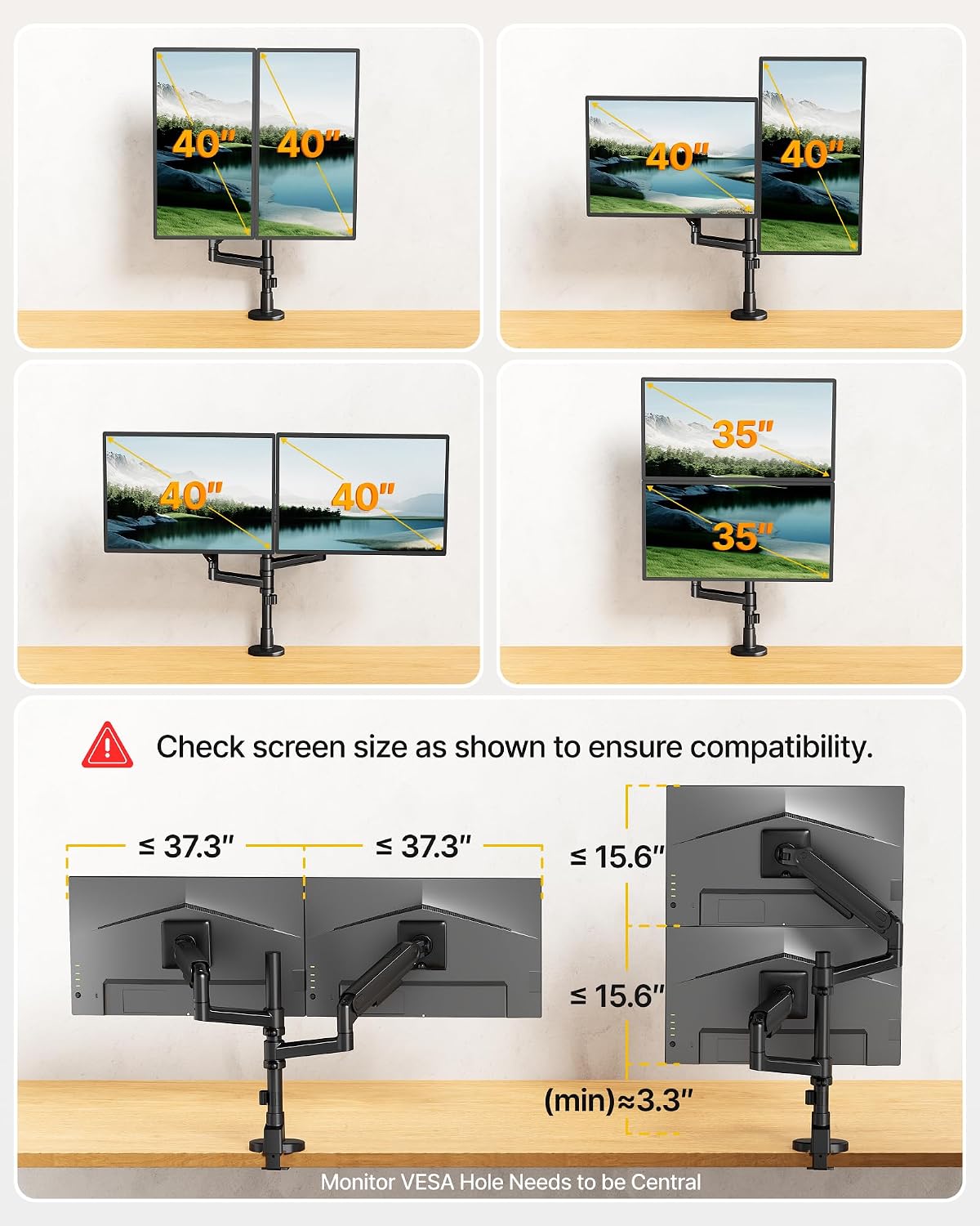 monTEK Dual Vertical Monitor Arm up to 40 inch, Aluminum Heavy-Duty Height Adjustable Stacked Desk Monitor Stand Full Motions Arm Mechanical Spring Holds Up to 26.4lbs,VESA 75x75/100x100,Black