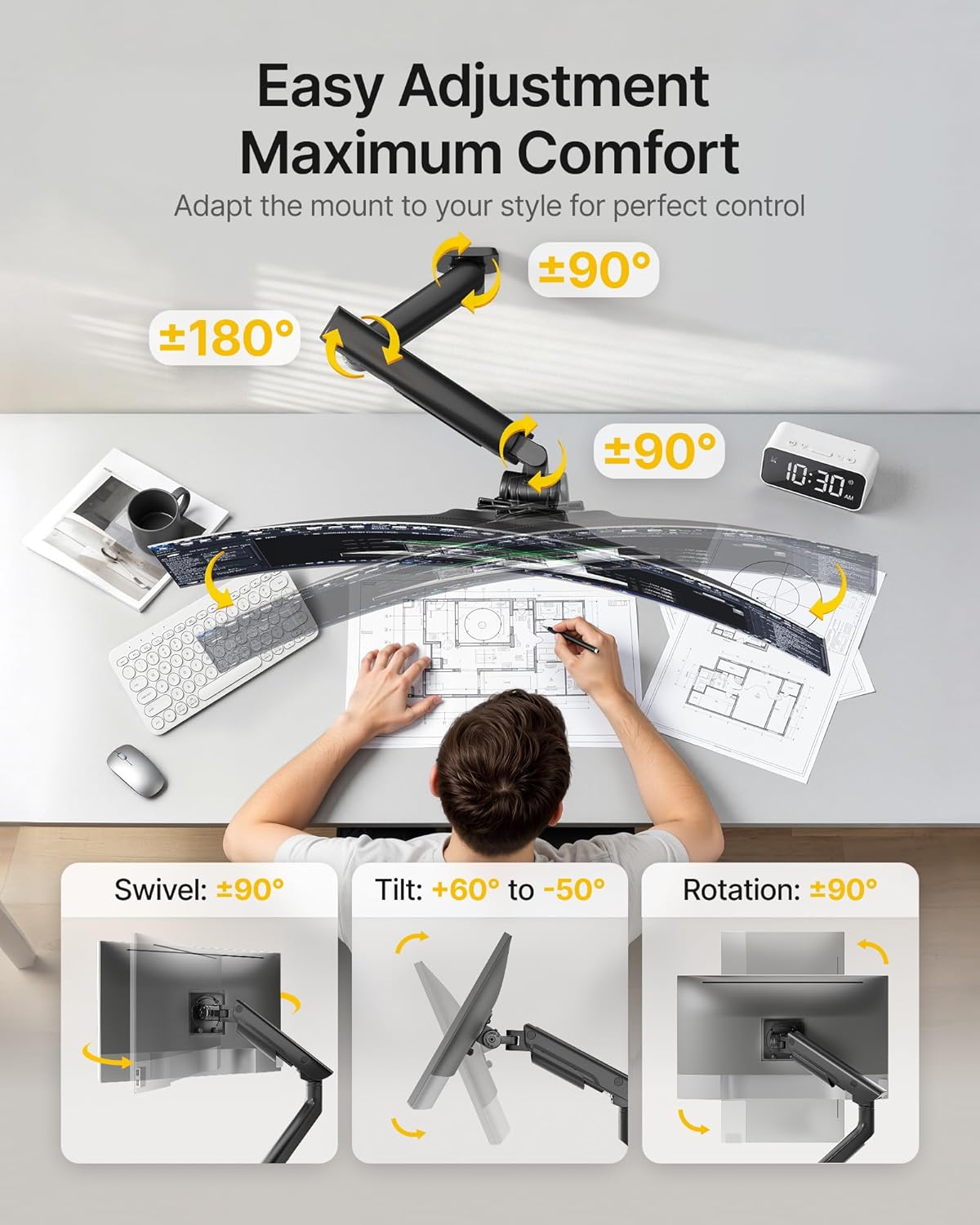 monTEK Heavy-Duty Single Monitor Wall Mount for 17-57” Ultrawide Screens up to 59.4lbs, Premium Aluminum Wall Mount Monitor Arm with Full Motion Adjustment, Pneumatic Lift, Max VESA 100x100