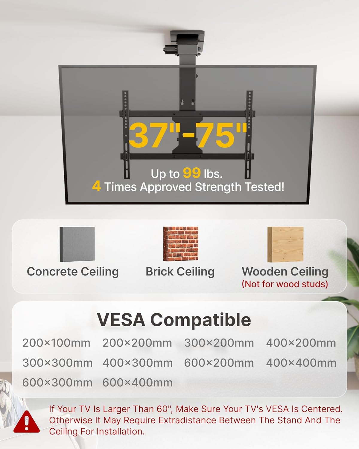monTEK Motorized Ceiling TV Mount with Remote for 37-75 Inch TVs, Electric TV Mount Motorized Drop Down for Flat and Pitched Roof,Holds up to 99 lbs, 4X Load Tested, App and Voice Control