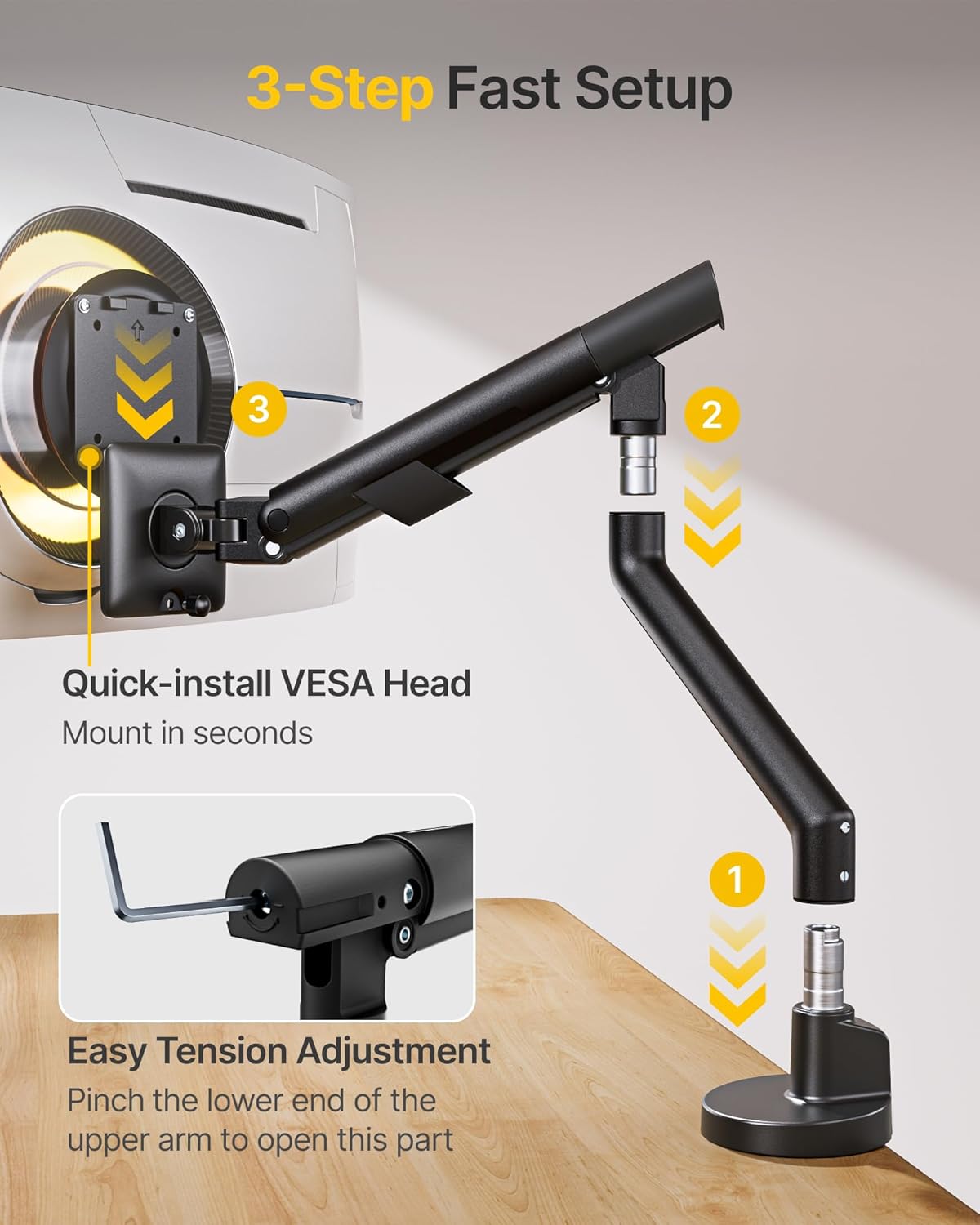 monTEK Single Monitor Arm for 17-40 Inch Screens, Heavy Duty Full Motion Monitor Mount Up to 24.3lbs, Aluminum Monitor Stand with VESA 75/100mm, C-Clamp/Grommet Base for Curved Screens, MA1010BK