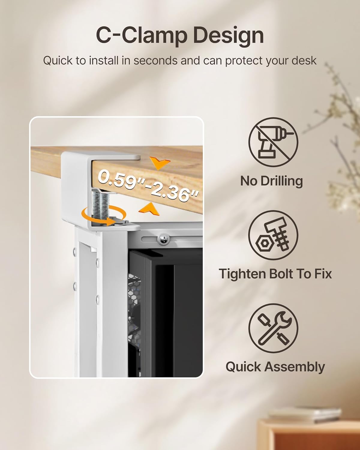monTEK Heavy-Duty Under Desk PC Mount-No Drilling Installation, Adjustable PC Mount with Protective Pads, Supports up to 66lbs,16.1"-25.6" H, Ideal for Office Home Classroom,White