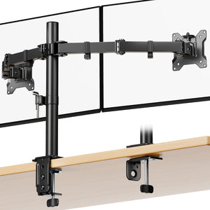 monTEK Stable Dual Monitor Stand for 17"–32” Computer Screens, Heavy-Duty Desk Mount with 22 lbs per Arm, Fully Adjustable Brackets and Arms, Clamp/Grommet Base, VESA 100×100mm Max