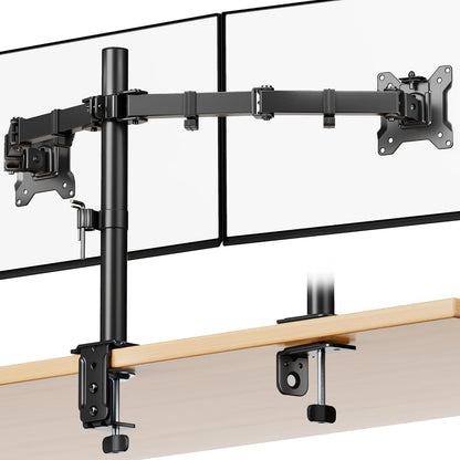 monTEK Stable Dual Monitor Stand for 17"–32” Computer Screens, Heavy-Duty Desk Mount with 22 lbs per Arm, Fully Adjustable Brackets and Arms, Clamp/Grommet Base, VESA 100×100mm Max