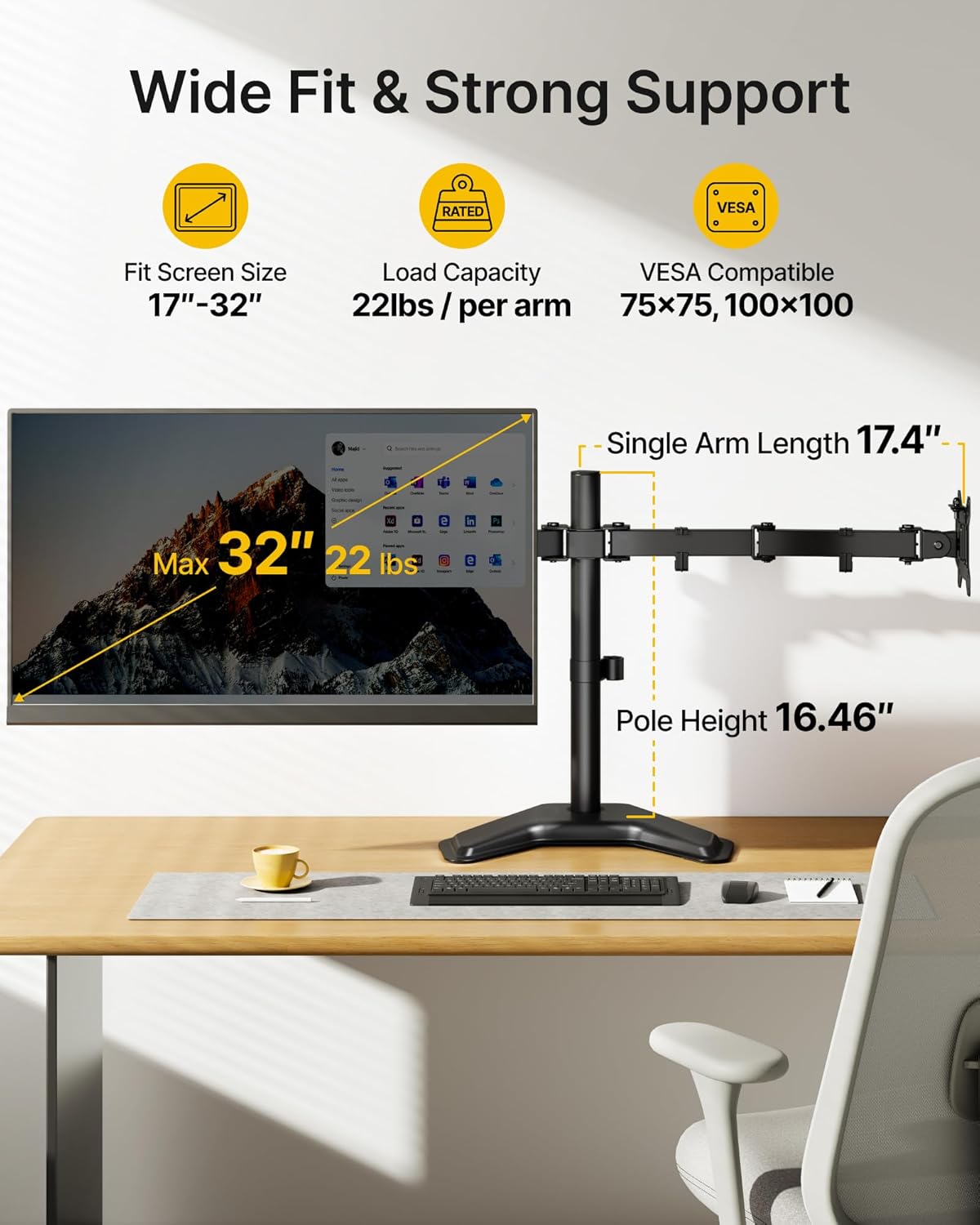 monTEK Stable Freestanding Dual Monitor Stand for 17–32” Computer Screens, Heavy-Duty Desk Mount with 22 lbs per Arm, Fully Adjustable Brackets and Arms, Solid V-Shaped Base, VESA 100×100mm Max