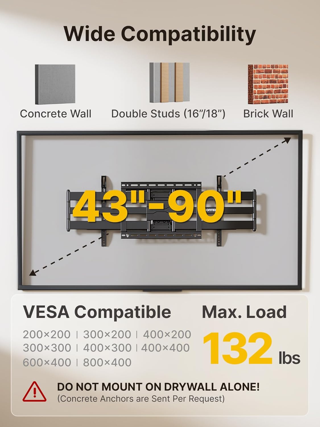 monTEK Long Arm TV Wall Mount for 43-90 Inch TVs, 42.5 Inch Extension, Swivel and Tilt, Full Motion, VESA 800 x 400mm, 132 lbs, 16',18' Studs