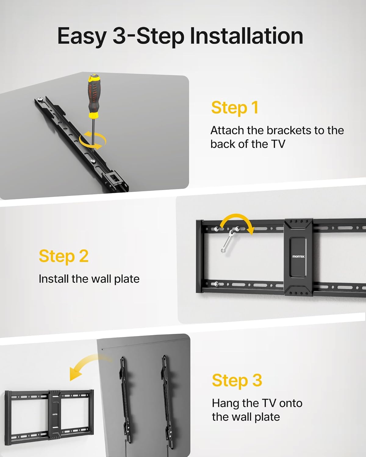 monTEK Heavy Duty Fixed TV Wall Mount for 37–90 Inch TVs, 1.1" Ultra Slim Low Profile Bracket, 200 lbs Capacity, Max VESA 600x400mm, Fits 16"/18"/24" Studs, Space-Saving for Large Flat & Curved TVs