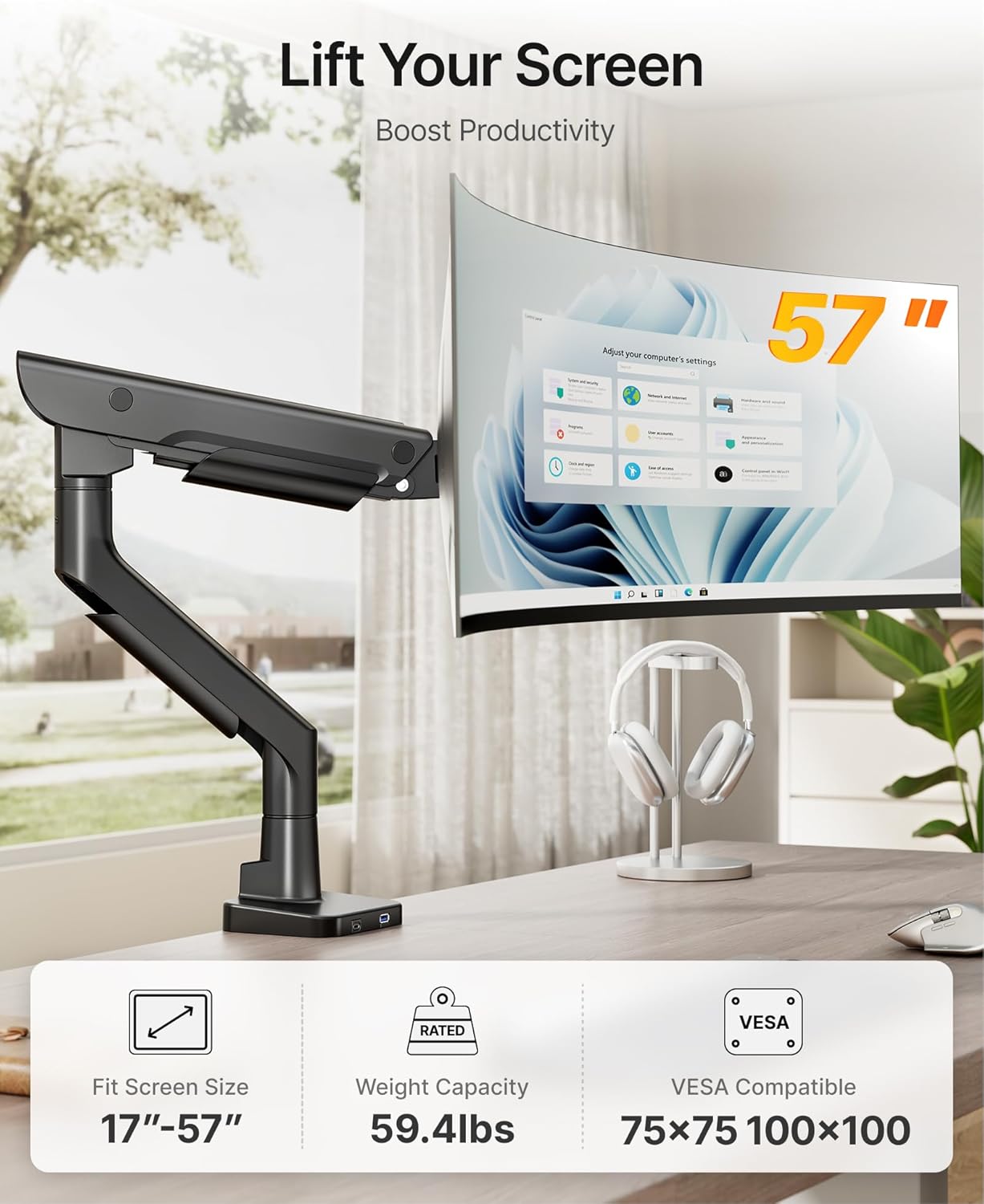 monTEK Premium Aluminum Monitor Arm for 17–57” Ultrawide Screens up to 59 lbs, USB 3.0 Single Desk Mount with Adjustable Gas Spring, Quick-Release Plate, 10-Min Assembly, Clamp/Grommet, VESA 100x100