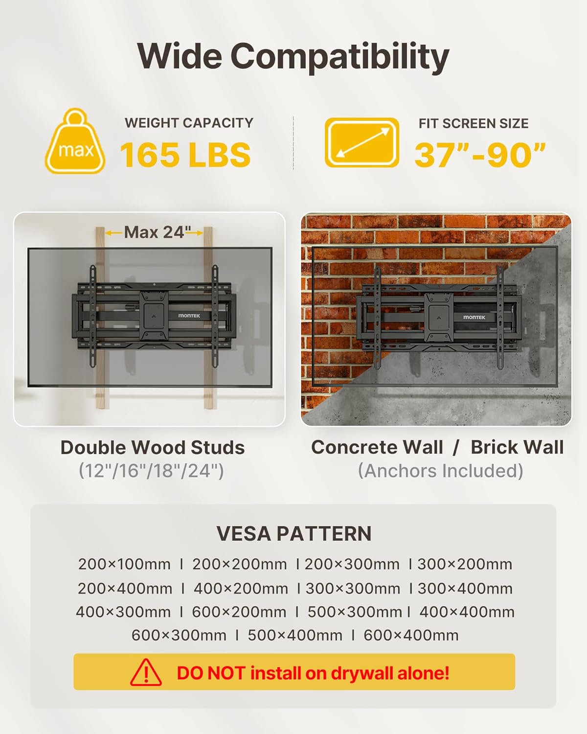 monTEK Heavy Duty TV Wall Mount for 37-90 Inch TVs up to 165lbs, 4X Load Tested, 25.1" Extended Full Motion Dual Articulating Arms, Fits 12/16/18/24" Studs, Tool-Free Tilt/Swivel, Max VESA 600x400mm