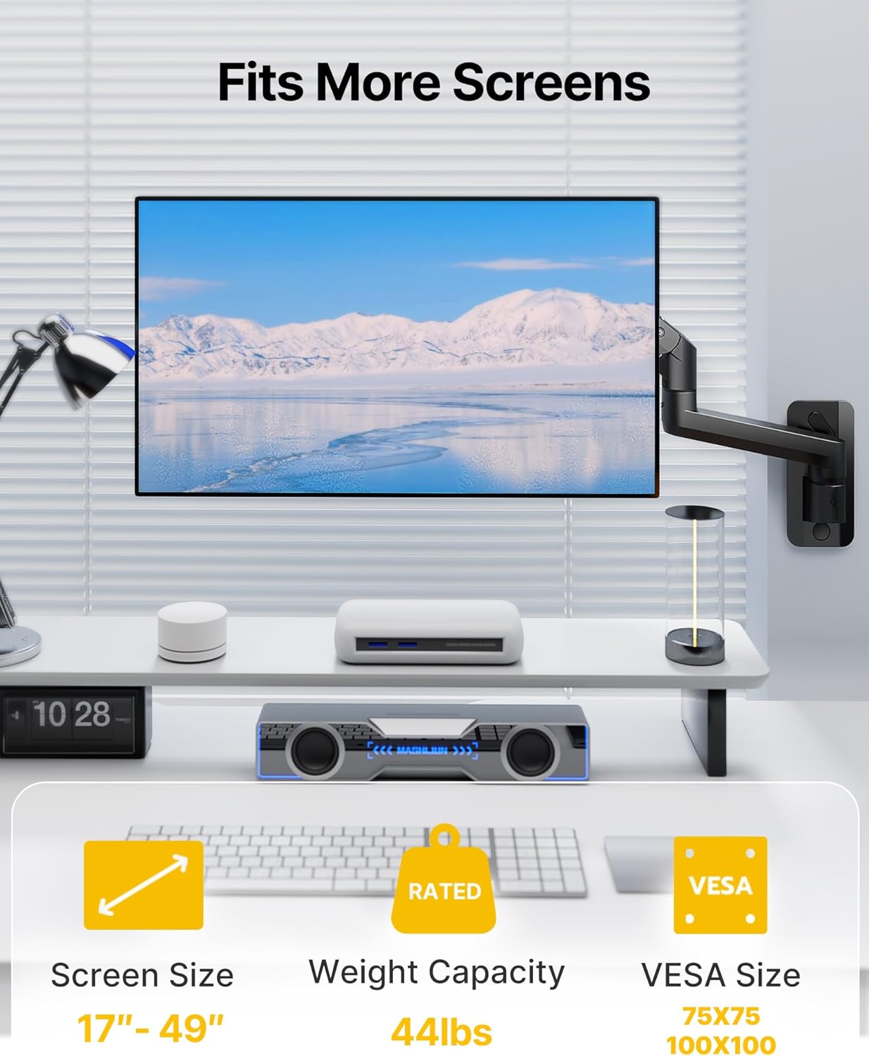 monTEK Ultra Wide Monitor Wall Mount for 17-49 Inch Screens, Heavy Duty Single Monitor Mount up to 44 lbs, Fully Adjustable Gas Spring Wall Mount, 75x75/100x100 VESA Mount, Black
