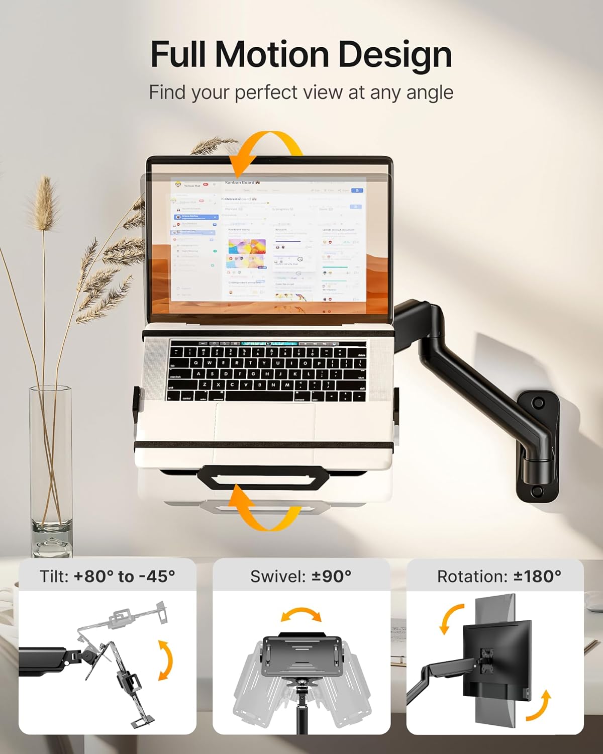 monTEK Laptop Arm Wall Mount, 2-in-1 Full Motion Monitor & Laptop Stand with Adjustable Tray, Fits Max 18" Notebook and 32" Screen, Metal Ergonomic Single Monitor Holds Up to 19.8lbs