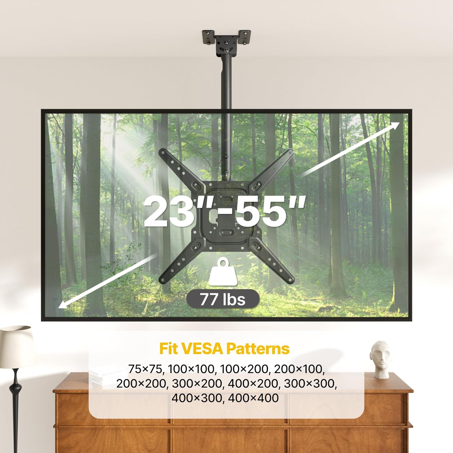 monTEK Ceiling TV Mount for 23-55 inch Flat Screen Displays, Hanging Adjustable Ceiling TV Bracket Fits Most LCD LED OLED 4K TVs, Pole Ceiling Mount Holds up to 77lbs, Max VESA 400x400mm, TM1009C-MA