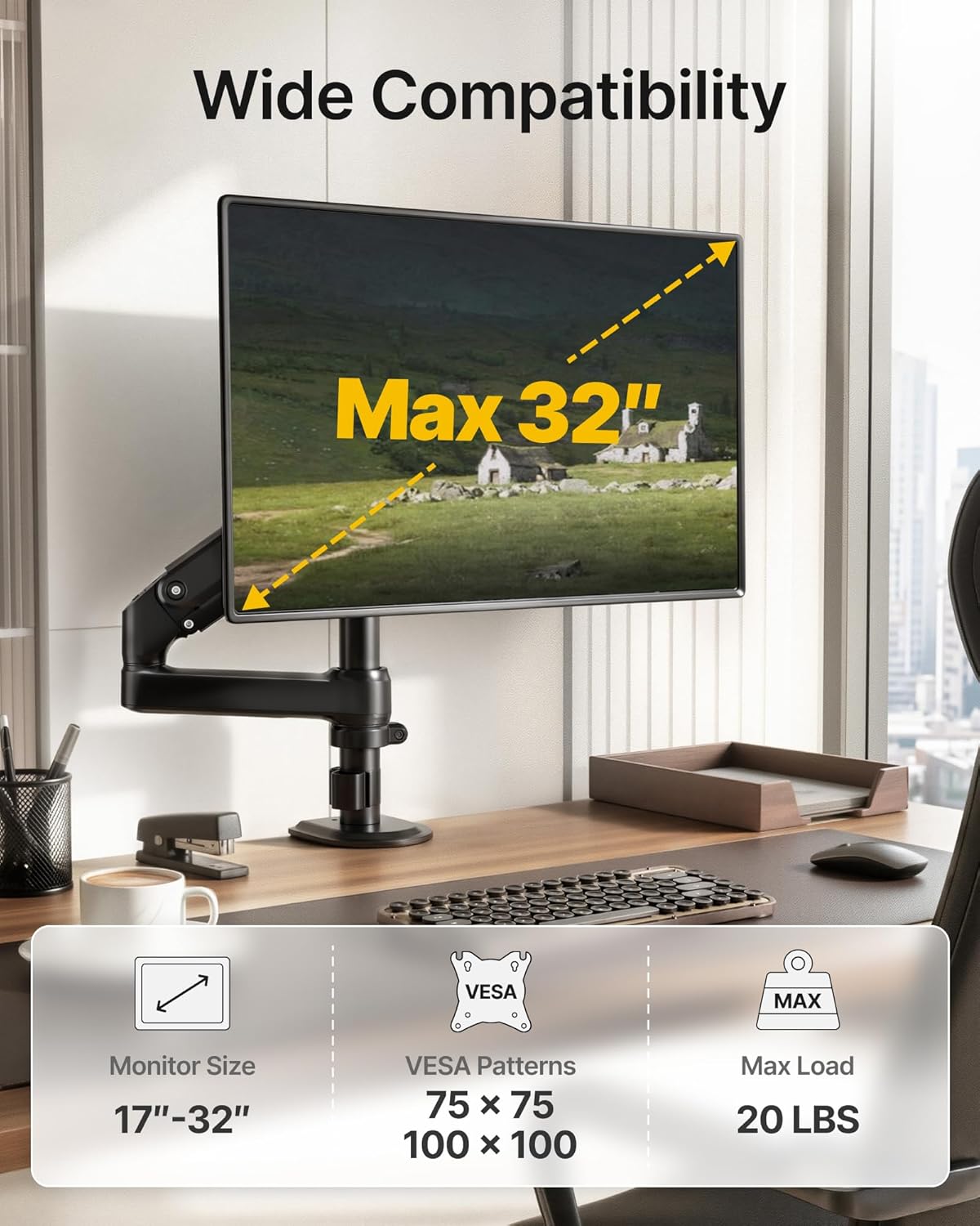 monTEK Tall Single Monitor Arm, Heavy Duty Adjustable Desk Mount for 17–32" Screens, Holds 19.8 lbs, 21 in Max Height, Full Motion Swivel & Tilt, VESA 75/100mm