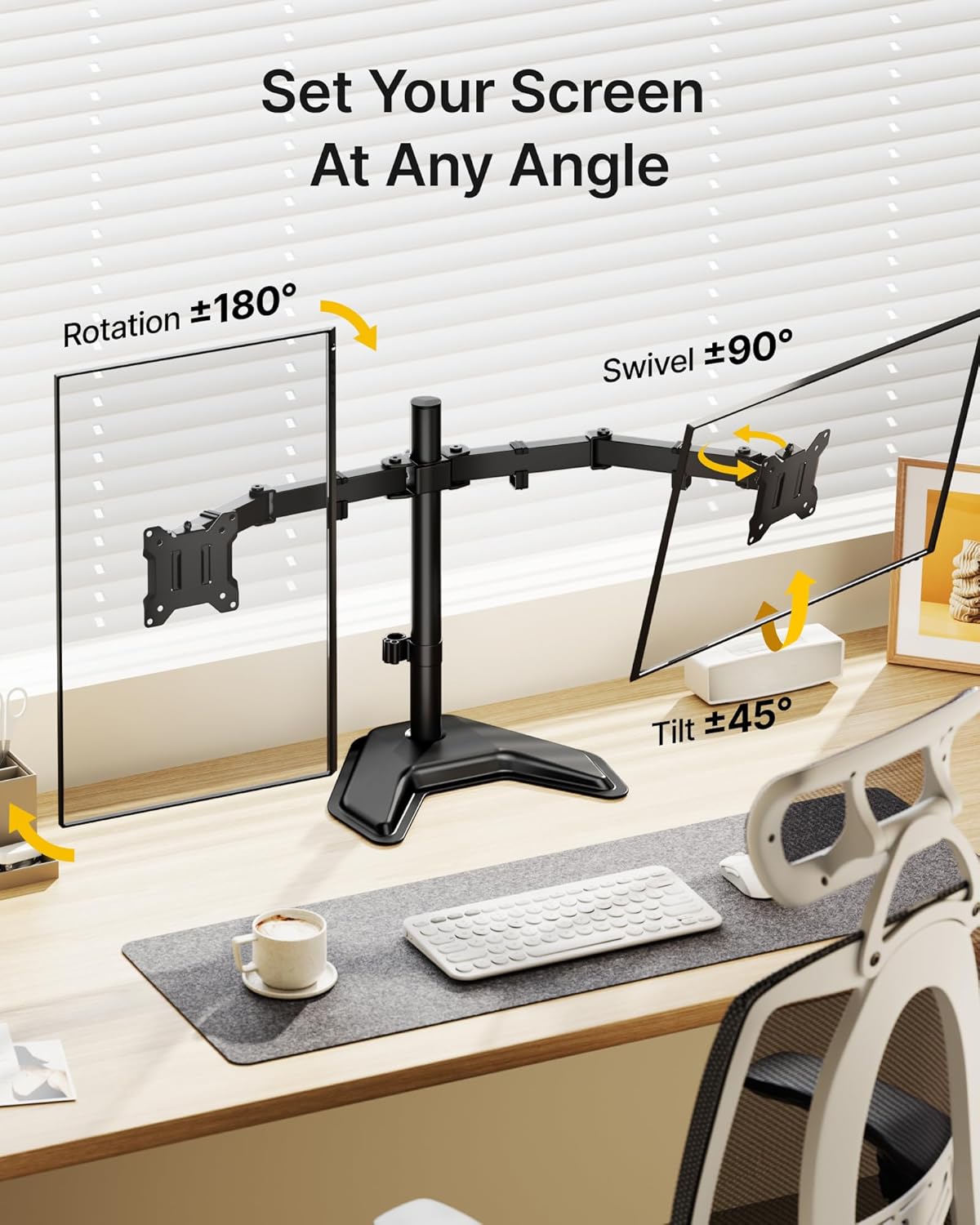 monTEK Stable Freestanding Dual Monitor Stand for 17–32” Computer Screens, Heavy-Duty Desk Mount with 22 lbs per Arm, Fully Adjustable Brackets and Arms, Solid V-Shaped Base, VESA 100×100mm Max