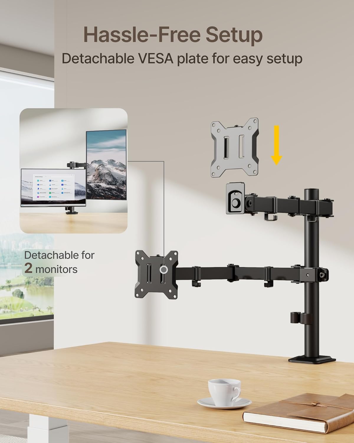 monTEK Dual Monitor Stand for 17"–32” Computer, Adjustable Height Stable Monitor Mount Fit up to 32 inch Screen, Hold up to 22lbs Weight, C-Clamp and Grommet, VESA 75x75mm/100x100mm